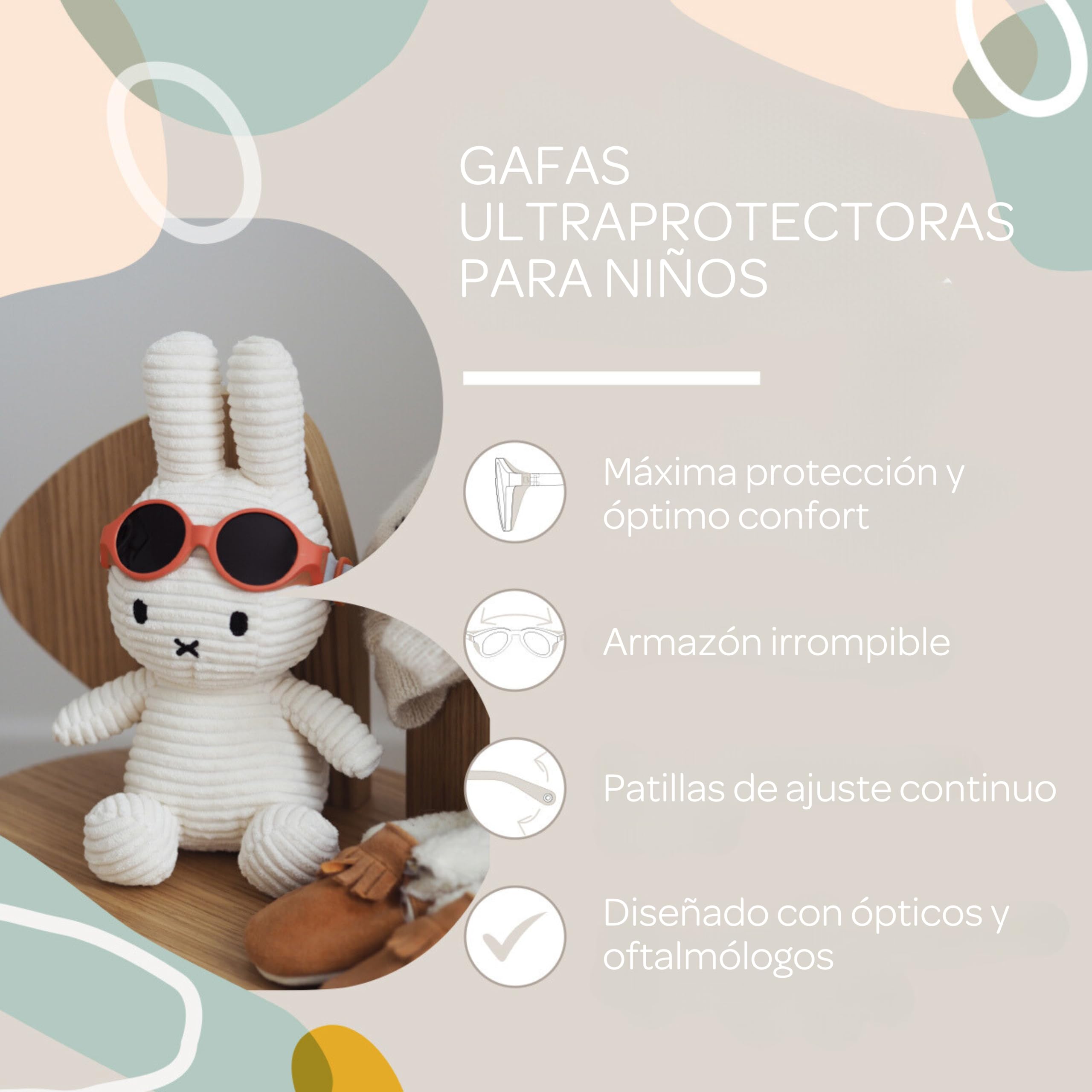 BÉABA Gafas de sol para niños 2-4 años, Protección UV 100% CAT 3, Patillas ajustables 360°