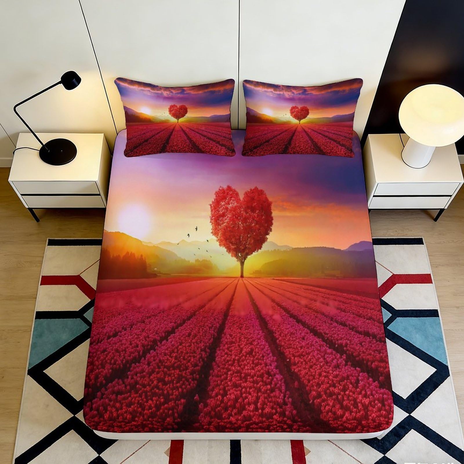 3D Printed Sunset Heart Tree Fitted Sheet Microfiber Anti-Slip Bedroom Decor Sunrise Field Mattress Cover Easy Care 90x200x25cm