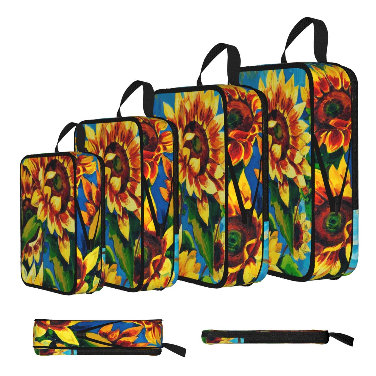 Sunflowers Print 4 Set Compression Packing Cubes For Suitcases,Expandable Storage Bags Organizers