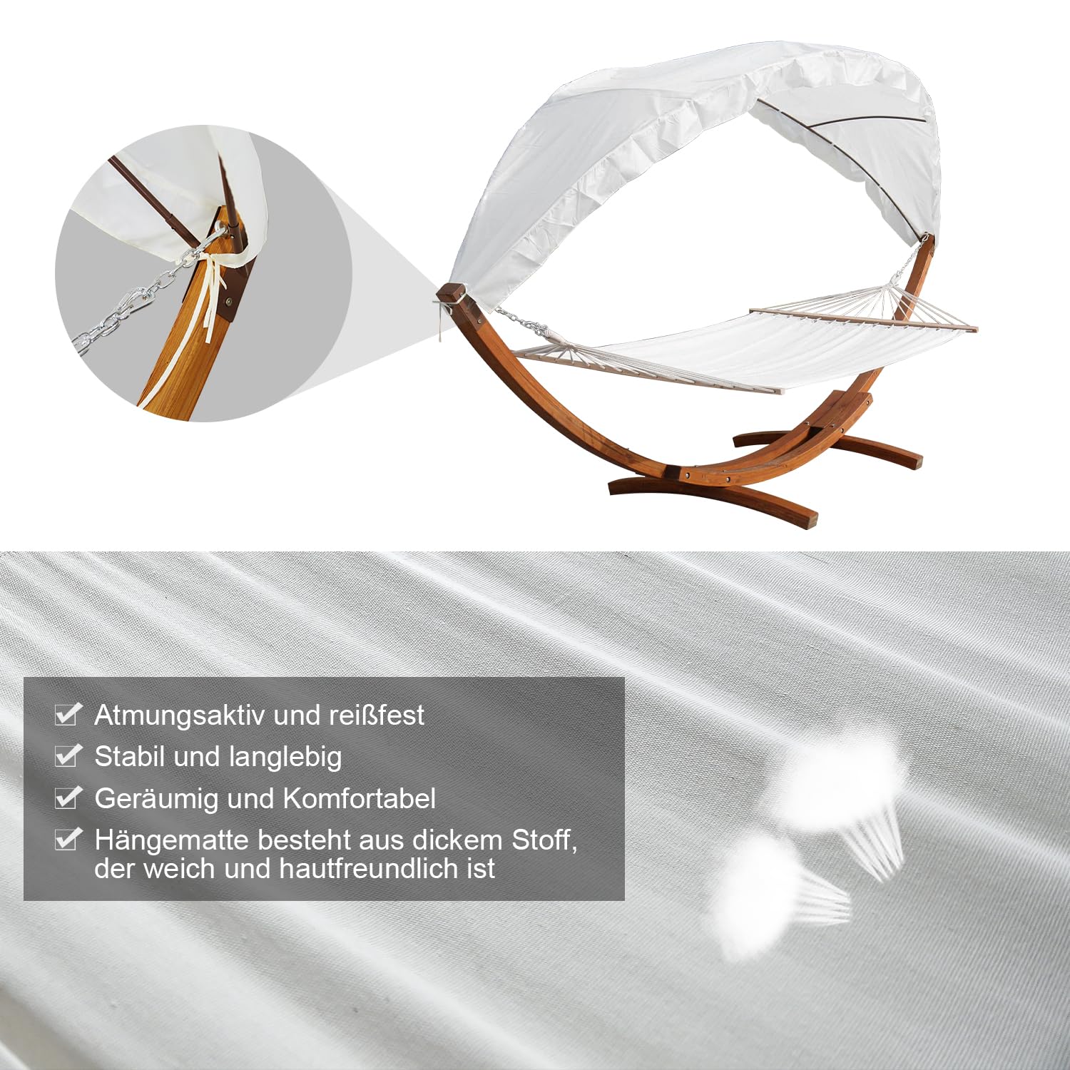 Daromigo Hamak outdoorowy, hamak ze stelażem, 200 x 150 cm, fotel wiszący ze stelażem dla 2 osób, obciążenie 200 kg, drewniany stelaż hamaka z dachem, do ogrodu, na taras, basen