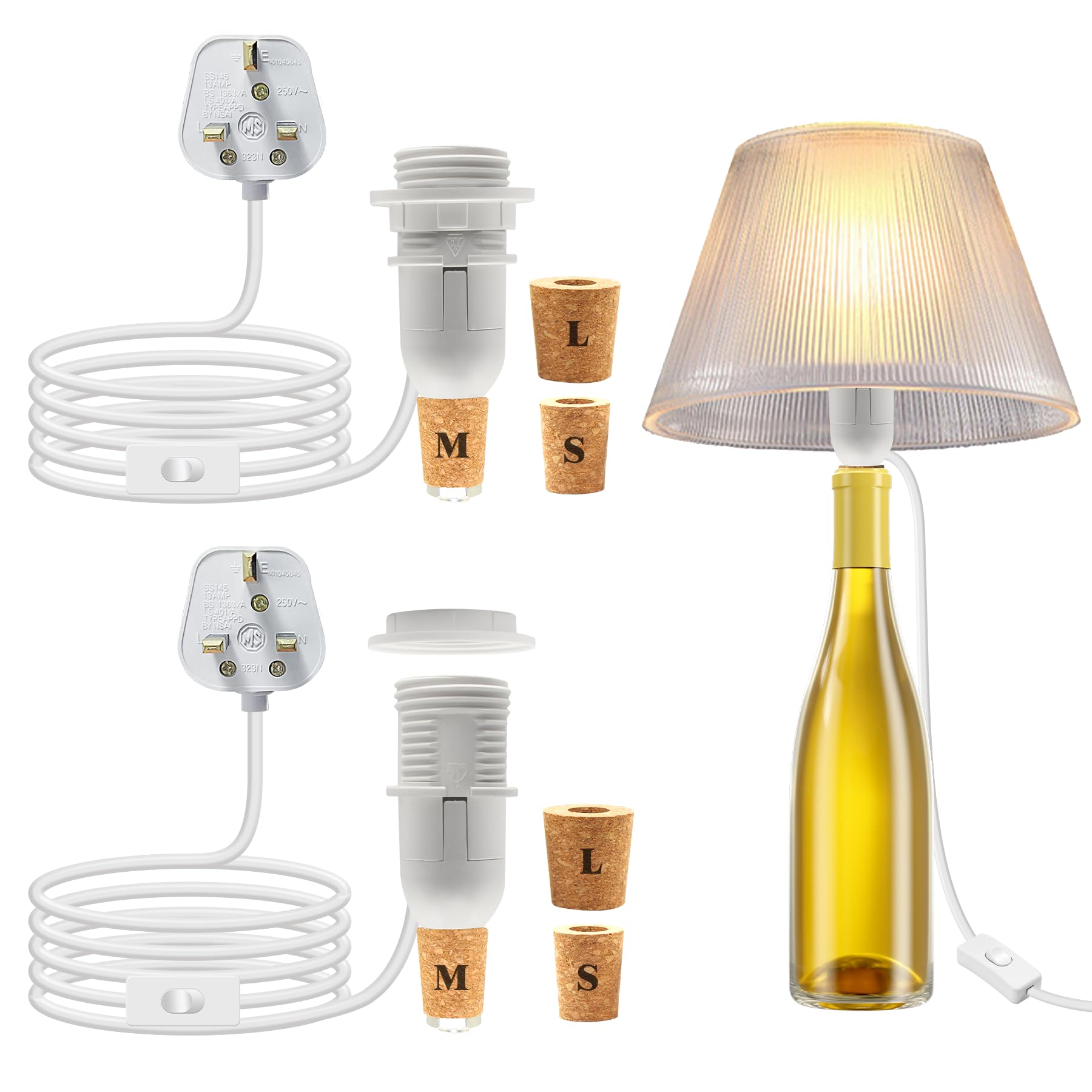 LAKONEI 2Pcs E14 DIY Bottle Lamp Holder Kit, Lamp Kits Do It Yourself with Switch and UK Plug, White Bottle Adapter with 3 Stoppers for Homemade Table Lighting (No Bulb)