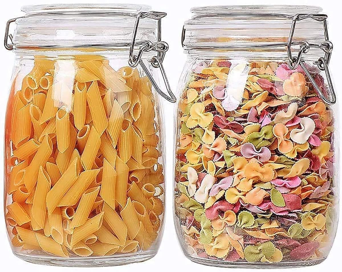 2 Pack Glass Jars, Wide Mouth Storage Canister Jars with Bail and Trigger Clamp Lids for Pickling, Preserving, Canning, Dry Food, Masala,Spice,Aachar,Sugar,Bean,Storage(Round, 1000ML)