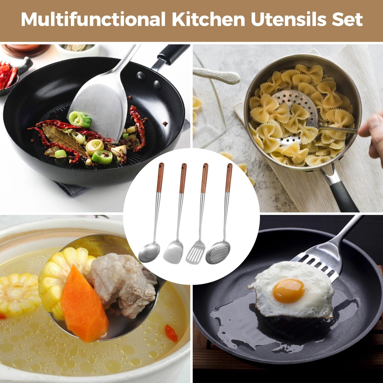 Set de 4 ustensiles pour wok en acier inoxydable, spatule, louche, écumoire et spatule ajourée, poignées en bois isolantes, pour cuisson au wok, faciles à nettoyer