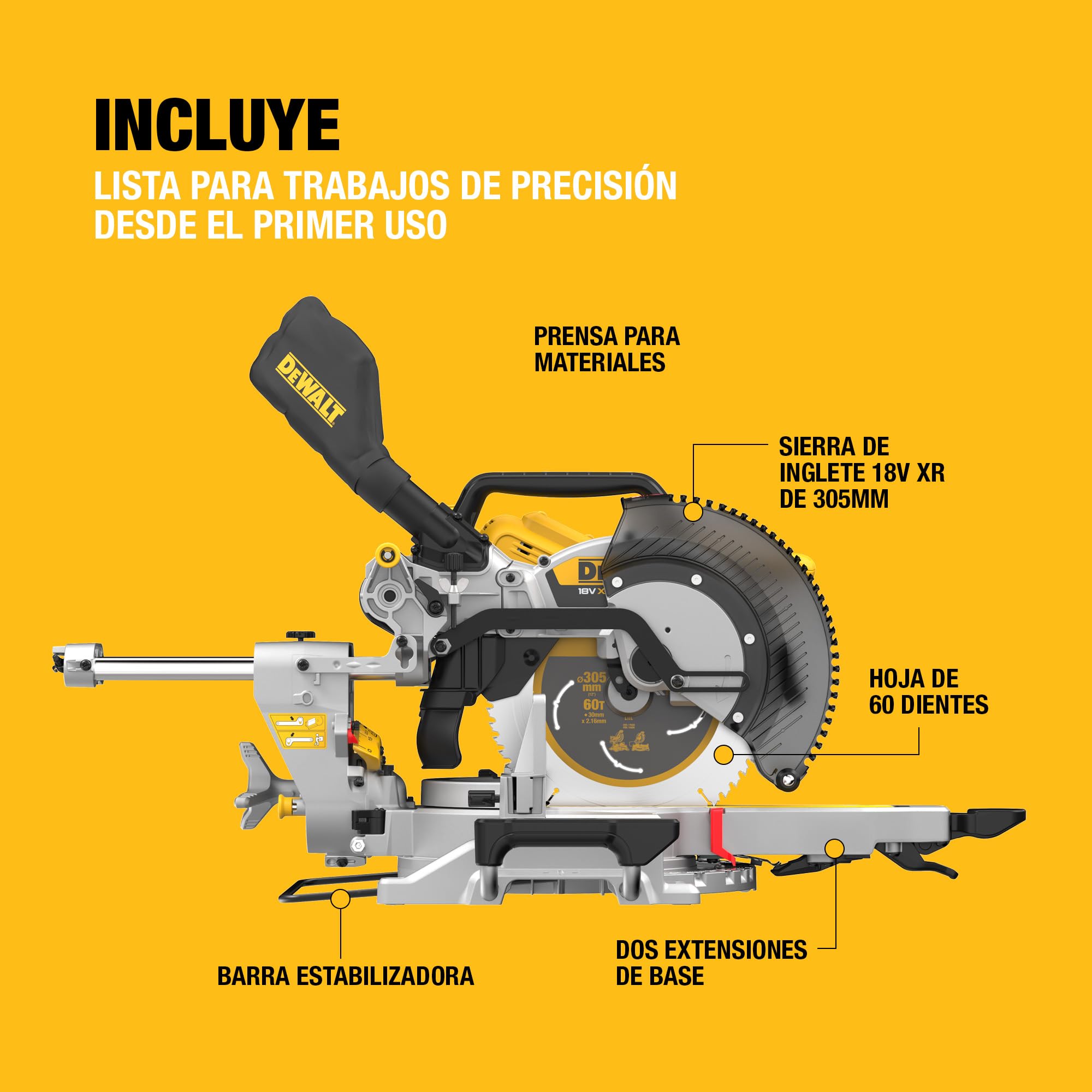 DEWALT Tronzadora 18V XR 305mm. Corte de alta capacidad y precisión con motor sin escobillas, control avanzado del polvo y compatibilidad con la batería XR, sólo herramienta, DCS782N-XJ