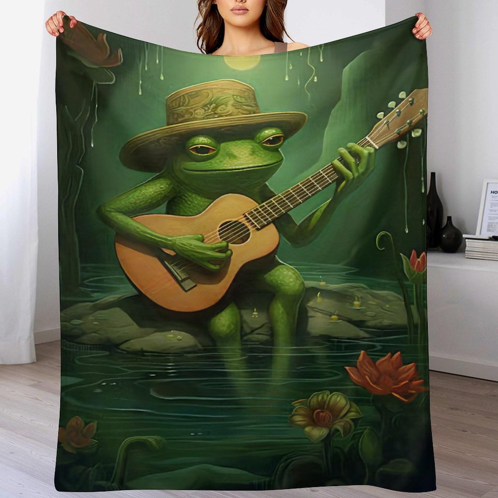 Couverture flanelle grenouille guitare, idée cadeau douce pour chambre