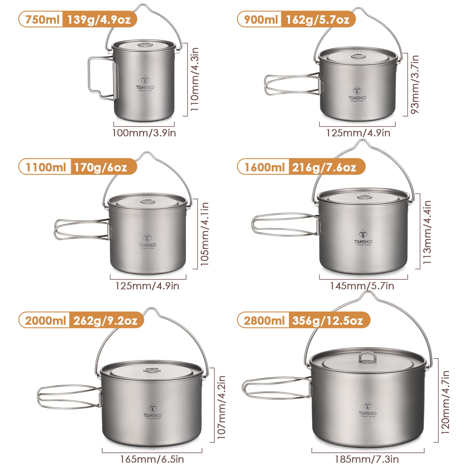 HUIOP Camping Pot, Titanium Pot 750ml/900ml/1100ml/1600ml/2000ml/2800ml Ultralight ing Pot with Lid and Foldable Handle Outdoor Camping Backpacking Cooking Picnic