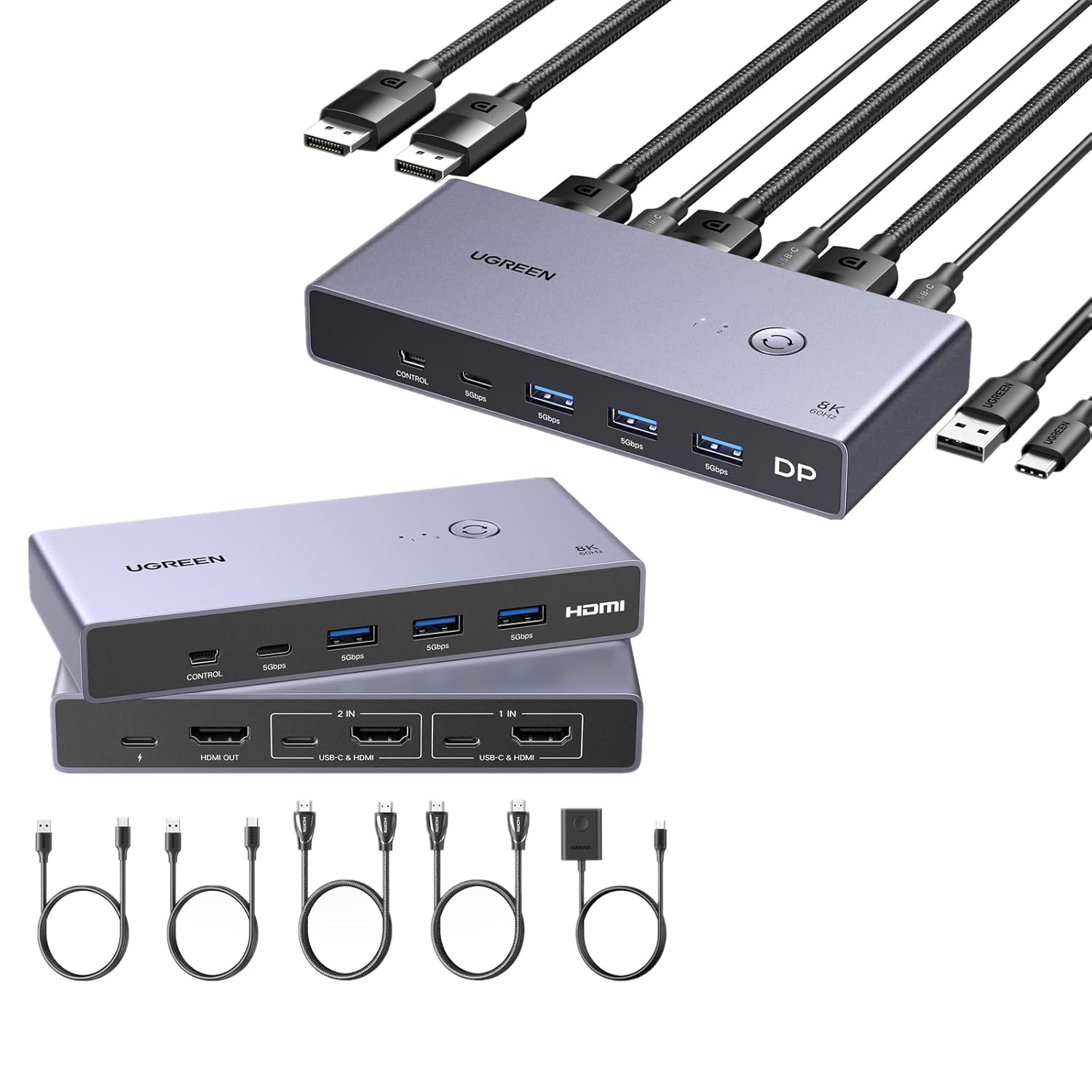 UGREEN 8K@60Hz HDMI KVM Switch with 4 USB 3.0 Ports Bundle with 8K Displayport KVM Switch DP 1.4