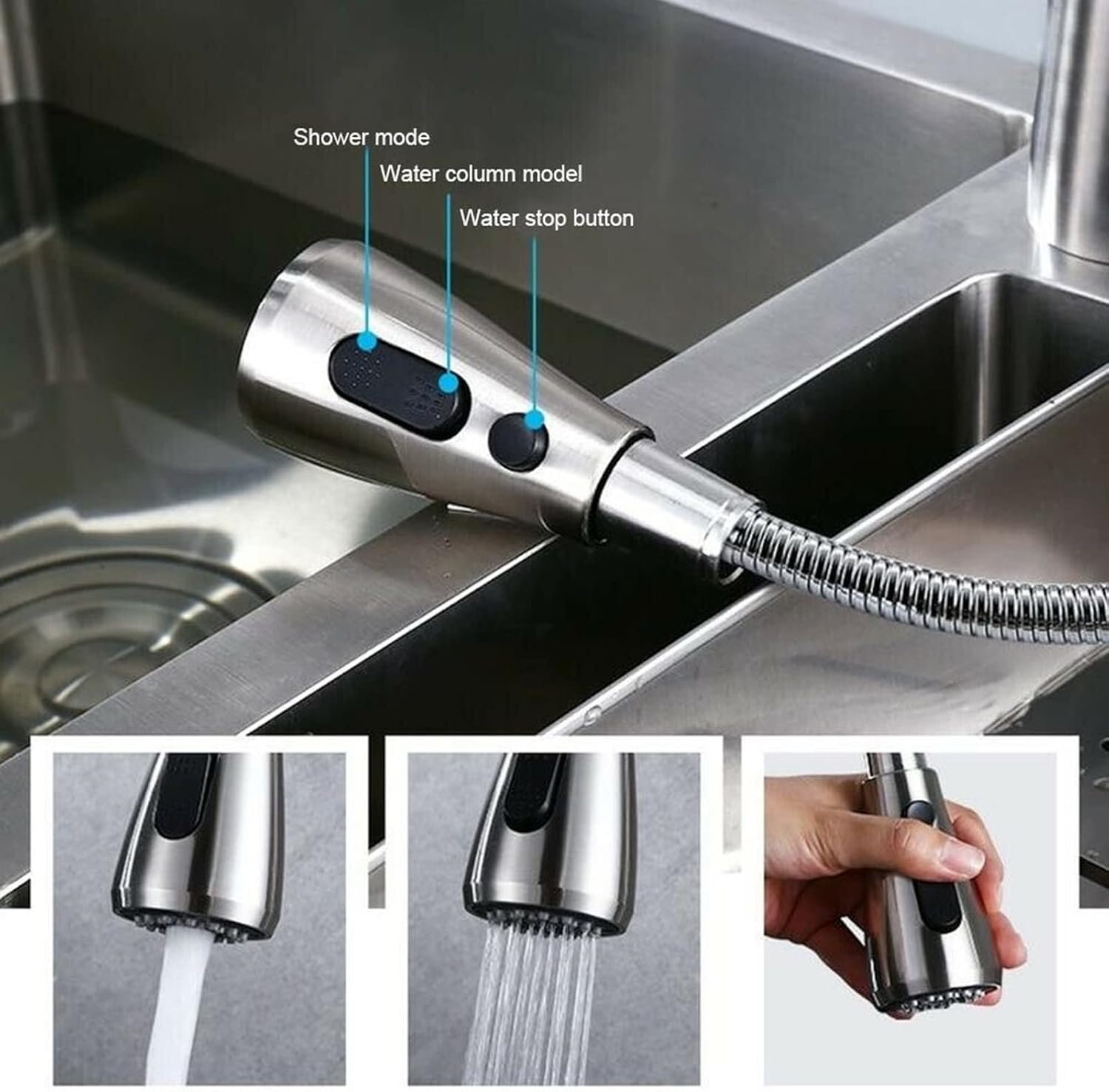 Kitchen Faucet Head Replacement, 3 Modes Stainless Steel ABS Pull Down Kitchen Faucet Sprayer Head Replacement Part
