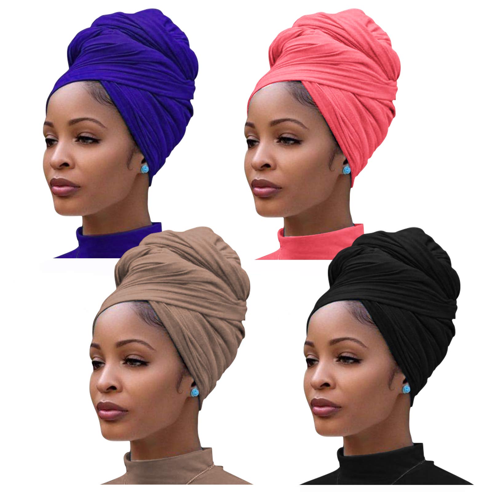 4 Pieces Stretch Jersey Turban Head Wrap Knit Urban Hair Scarf Headwraps Solid Color Ultra Soft Extra Long Breathable Head Band Tie for Women