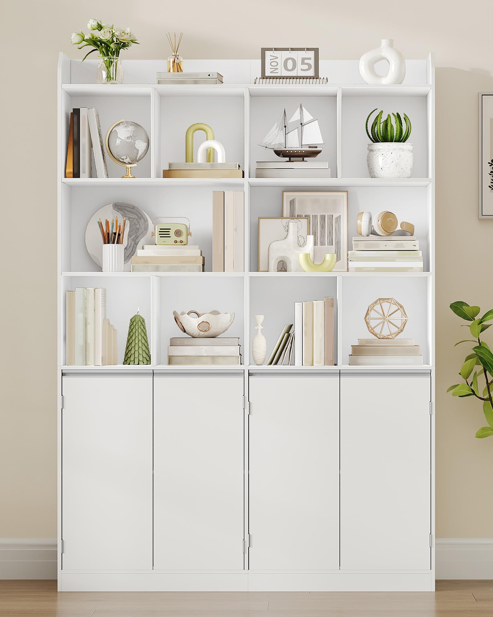 Hzuaneri Bücherregal 10 Fächer 4 Türen Standregal, 30 x 120 x 180 cm, Weiß | freistehend, 4-türiger Unterschrank, Aufbewahrungsregal, für Wohnzimmer Büro Schlafzimmer, BC46503X