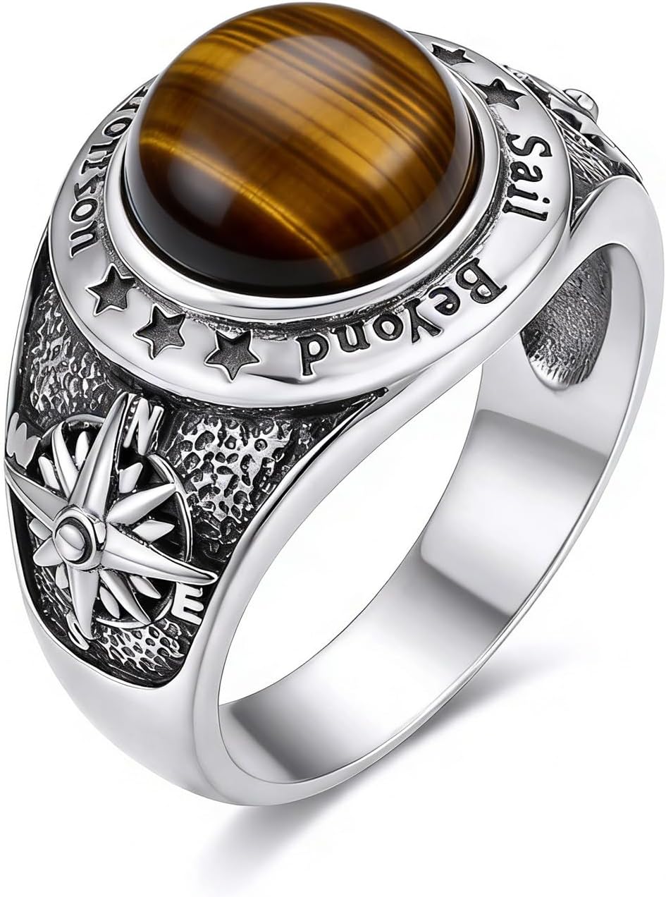 Men's 925 Sterling Silver Nautical Ring, Anchor and Compass Adventure Statement Band for Men, Sizes 6-15