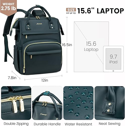 Miniatura 4 de LOVEVOOK Mochila para laptop para mujer mochila a la moda para mujer Verde oscuro Mochilas de viaje