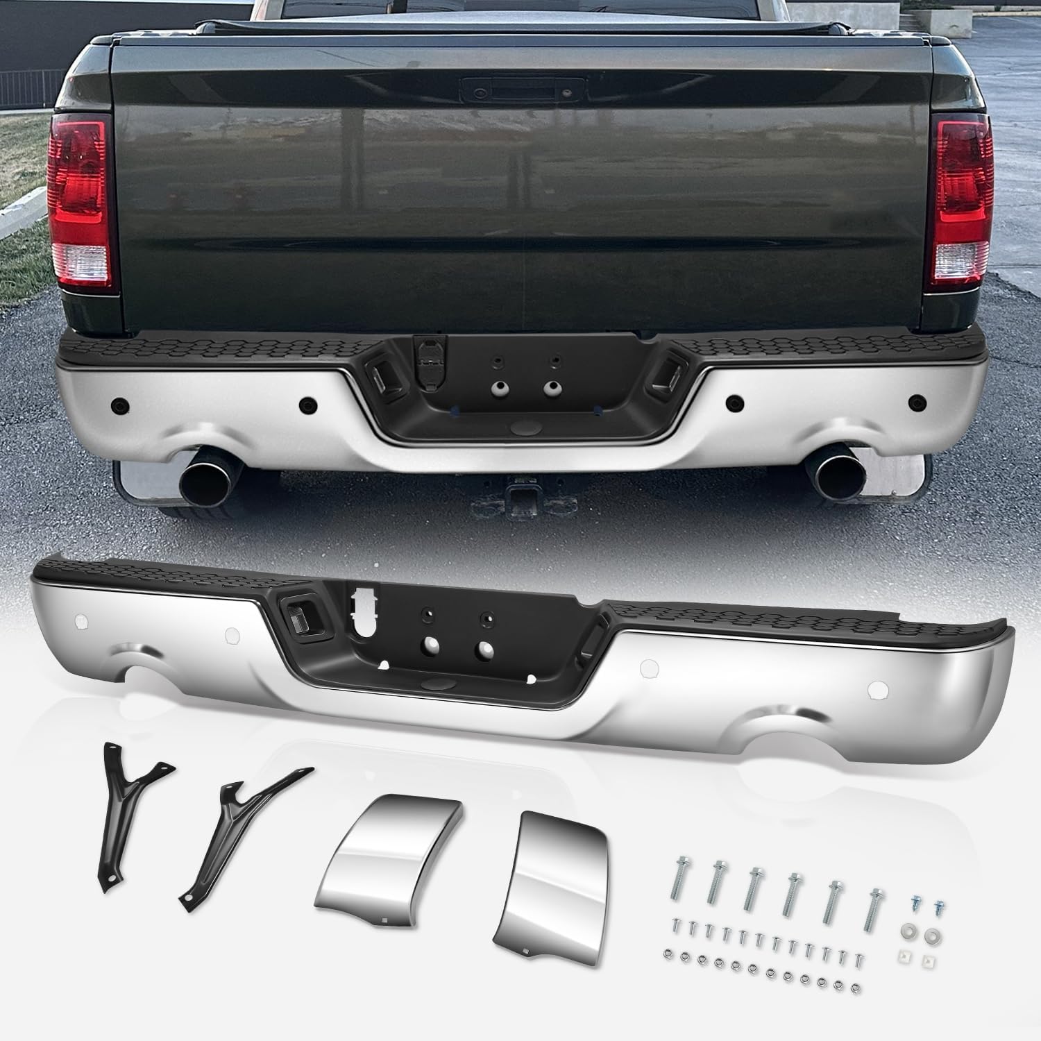 Auto Dynasty Rear Bumper Step Pad for Dodge Ram 1500 (2009-2024) with dual exhaust and sensor holes