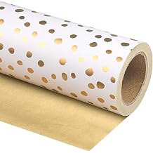 WRAPAHOLIC Reversible Gold Wrapping Paper - Mini Roll - 17 Inch X 33 Feet - Gold Print and Delicate Polka Dots Design for Birthday, Christmas, Wedding, Baby Shower