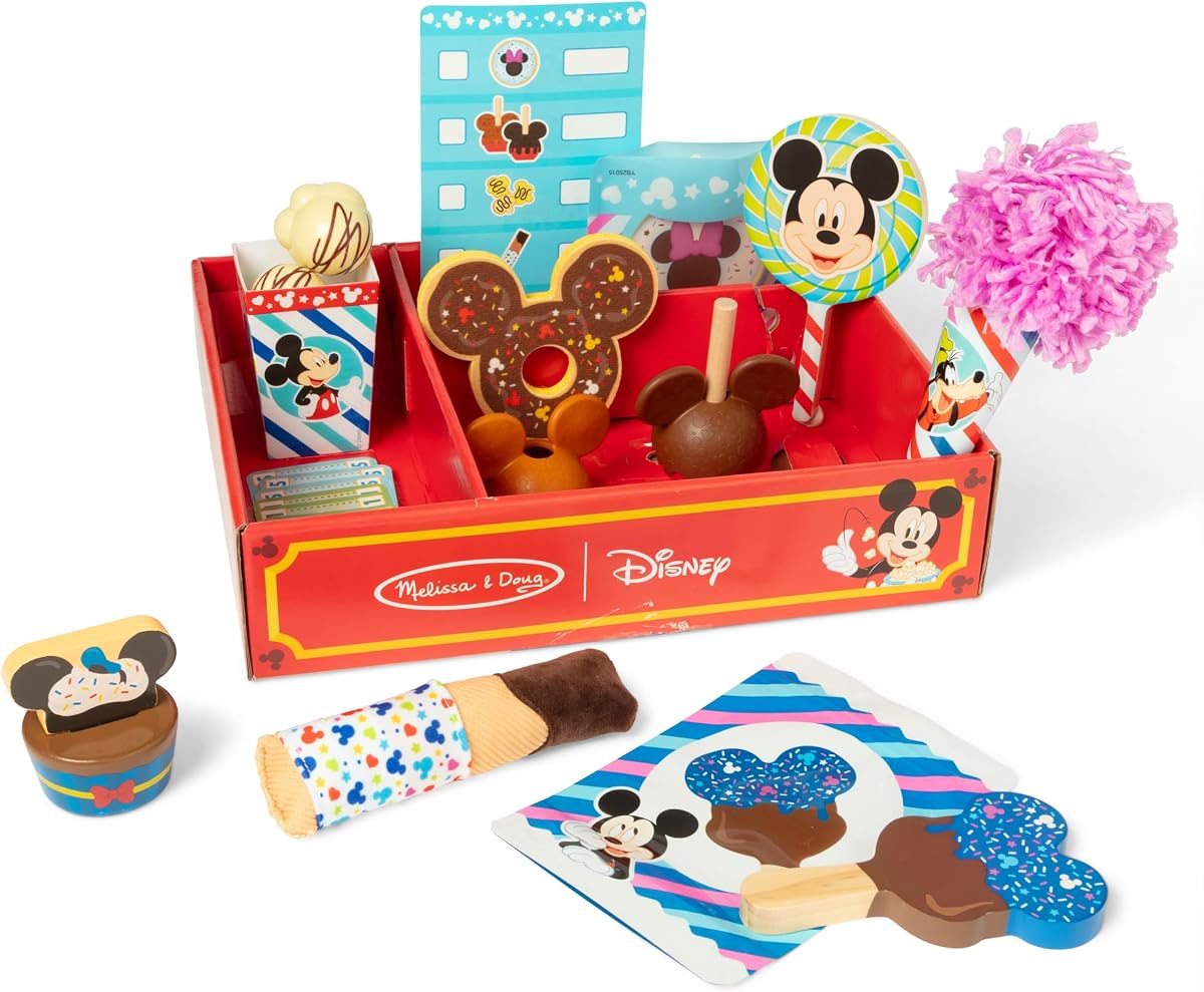 Melissa & Doug Disney Snacks & Popcorn 24-Piece Play Food Set | 24 Pieces, Disney Pretend Play Food Kiosk, Popcorn, Cotton Candy, Churro, Lollipop, Menu, Preschool Toys for Kids, Ages 3+