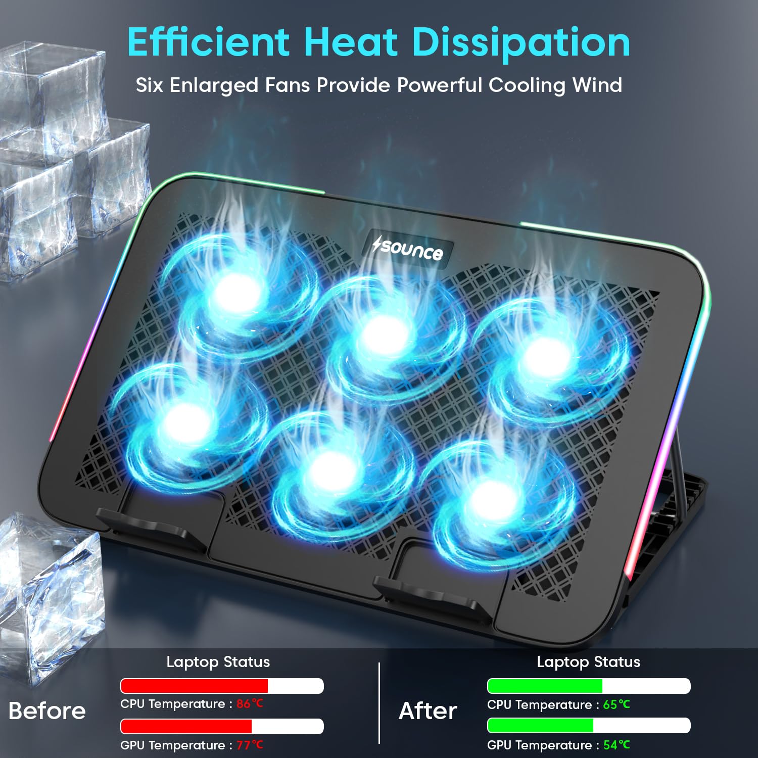 Sounce Laptop Cooling Pad with 6 Hexa Cooling Fans, Adjustable Speed Control, RGB LED Lighting, Built-in USB Ports, Detachable Mobile Holder, Ergonomic 5-Step Retractable Stand Laptops (Black) 10