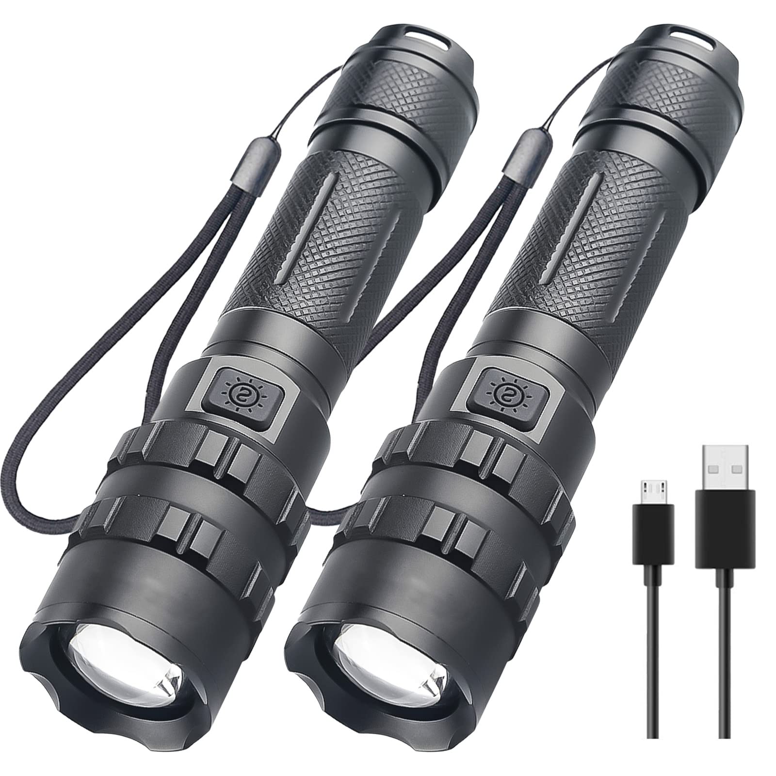 2 Pack LED XHP50 Powerful Flashlights Super Bright, 4000 High Lumens USB Rechargeable Flashlights with 5 Modes Waterproof Zoomable, Portable High Powered Camping Torch Flash Light for Emergency