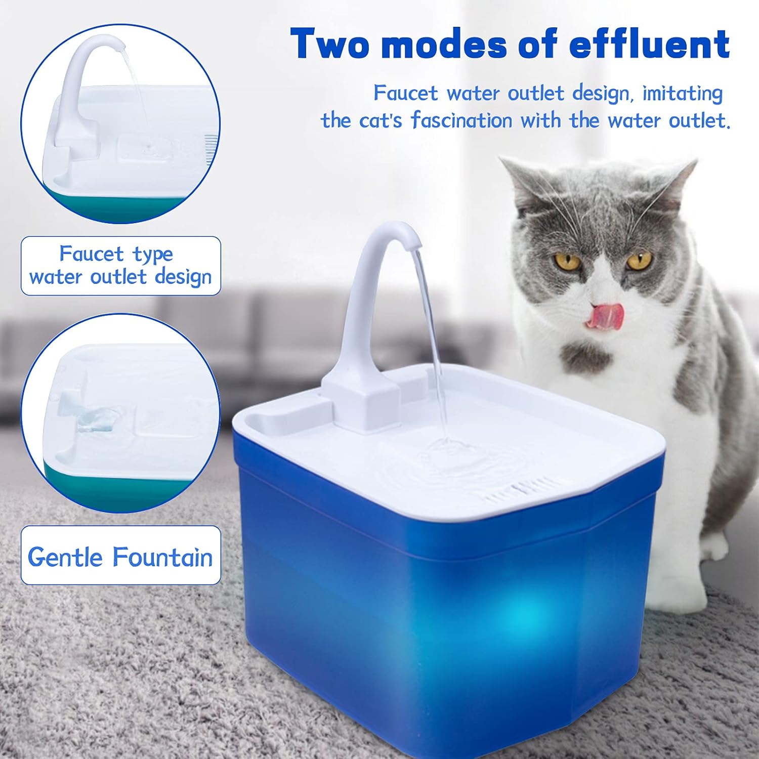 Automatic Cat Pet Water Fountain, Faucet spout, Translucent LED Light, 67oz, Ultra Quiet, AC Adapter (Blue)