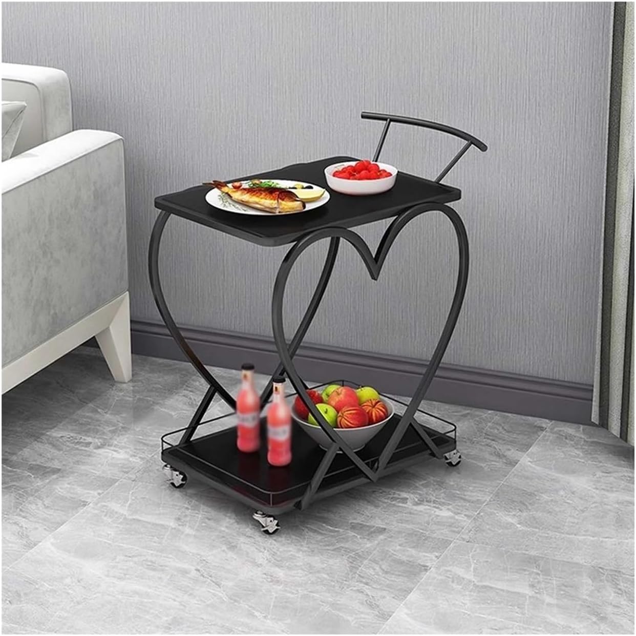 Storage Trolley Modern Fashion Bar Cart, 2 Tier Mobile Mini, Kitchen Serving and Coffee Station for Dining Living Room, 34.3 inches Shelving Organizer(Black)