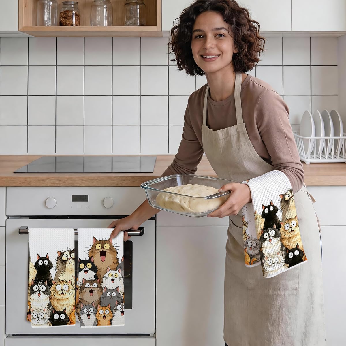 2 Pcs Cute Fat Cat Kitchen Towels, Cats Gifts Waffle Tea Dish Towel 24x14In image 5