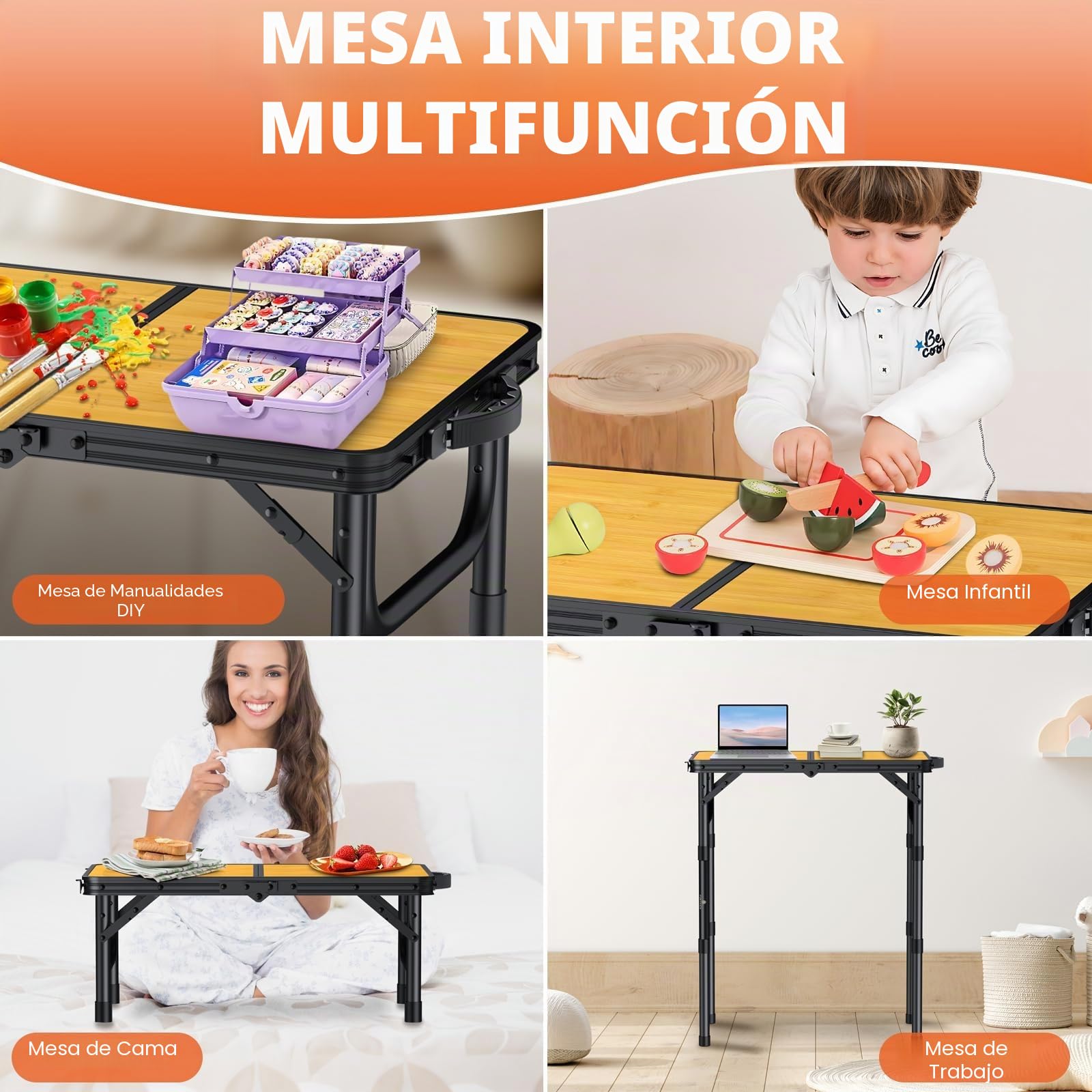 FUNYKICH Mesa de Camping Plegable 58 x 40 cm, Mesa Plegable Camping Portátil de Aluminio con 3 Alturas Ajustables (26/48/70 cm), Panel de MDF, para Picnic, Camping y Barbacoa, Ligero y Estable