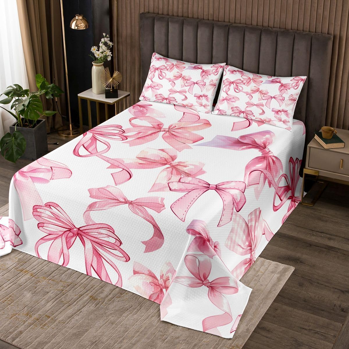 jejeloiu Cute Bowknot Bedspread King Size Coquette Bow Coverlet Set Kawaii Bow Tie Quilted Coverlet for All Season with 2 Pillowcases Dreamy Princess Microfiber Lightweight