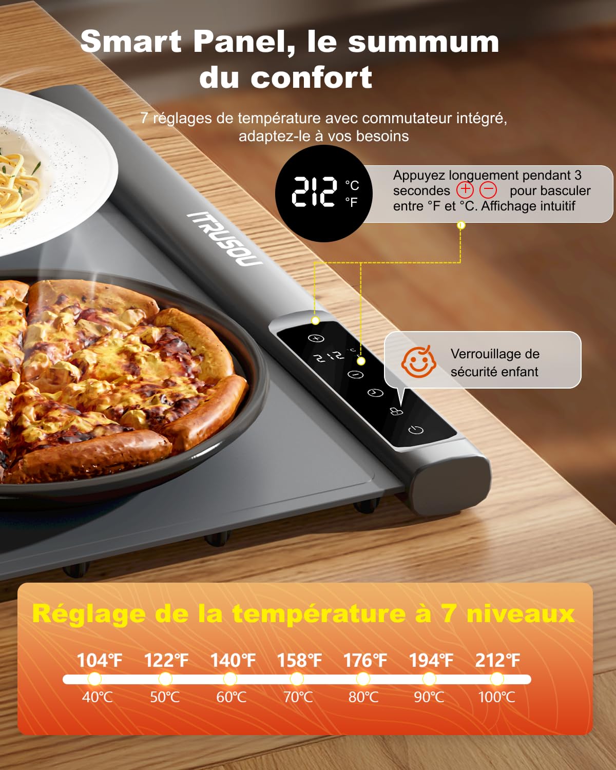 Tapis chauffant XXL pour comptoir 106,7 x 40,6 cm – Plateau chauffant électrique extra large pour buffets, fêtes et repas de famille – 2 pièces enroulables extensibles pour un chauffage rapide sur