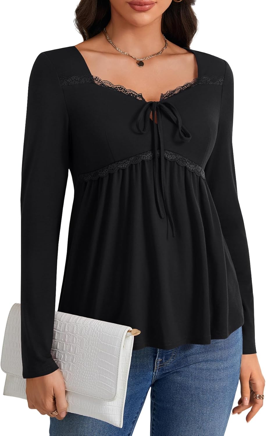 Rooscier Women's Sweetheart Neck Tie Knot Contrast Lace Ruched Long Sleeve Ruffle Blouse Top Shirt - Image 4