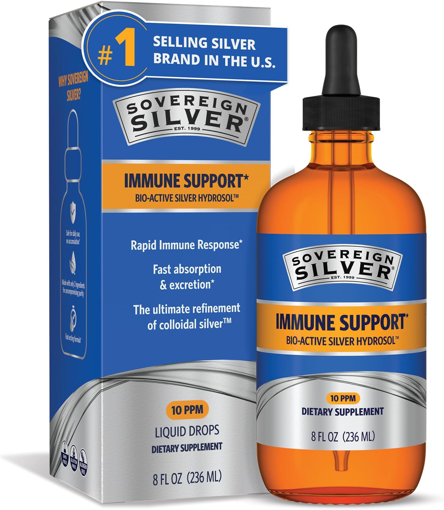 Sovereign Silver Immune Support, Colloidal Silver, 8 fl oz (236 mL) | Bio-Active Silver Hydrosol, 10 ppm, Liquid Dropper