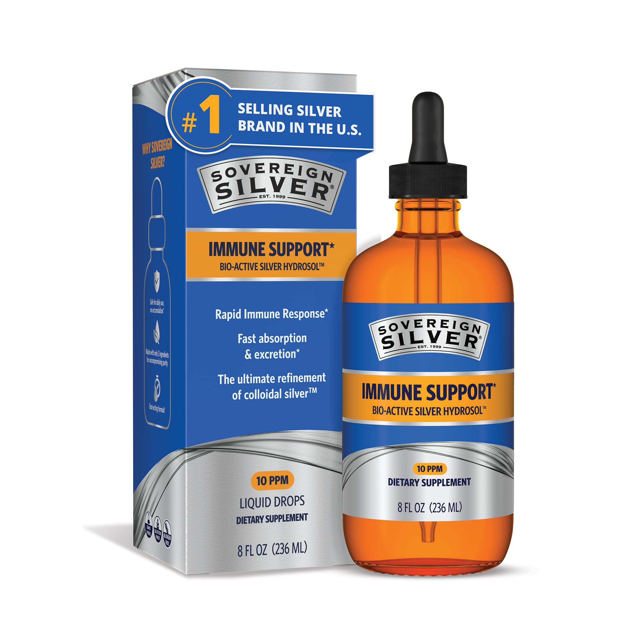 Sovereign Silver Immune Support, Colloidal Silver, 8 fl oz (236 mL) 8 Fl Oz (Pack of 1)