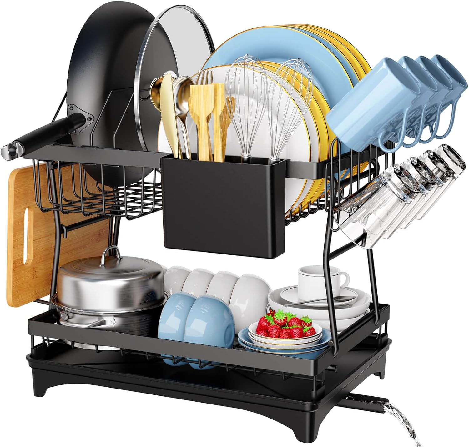 2-Tier Rustproof Dish Drying Rack with Drainboard and Utensil Holder