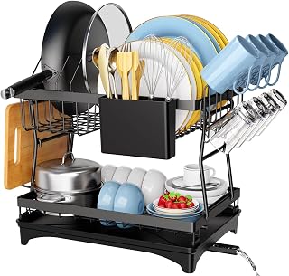 Rustproof Dish Drying Rack, 2 Tier Dish Rack with Drainboard, Cup Holder, Detachable Dish Drainer Organize Shelf with Utensil Holder Set, Large Dish Racks for Kitchen Counter, Black