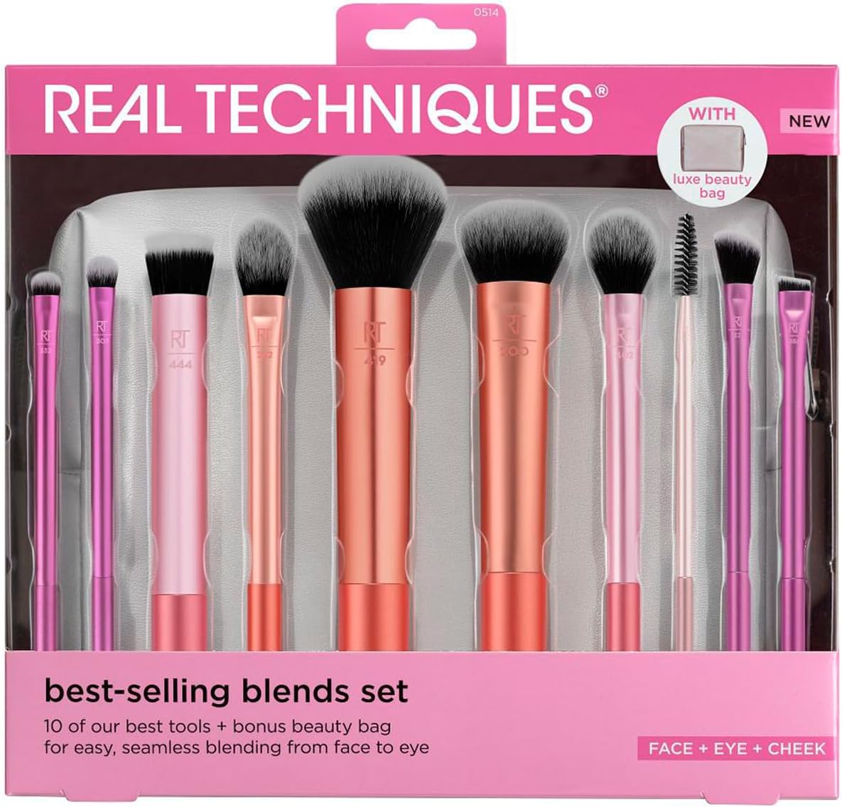 Real Techniques Blends Set, 10-Piece Makeup Brush Collection with Beauty Bag for Face and Eye, Use with Liquid, Cream, or Powder, Vegan, Cruelty-Free, Travel-Friendly, Easy to Clean