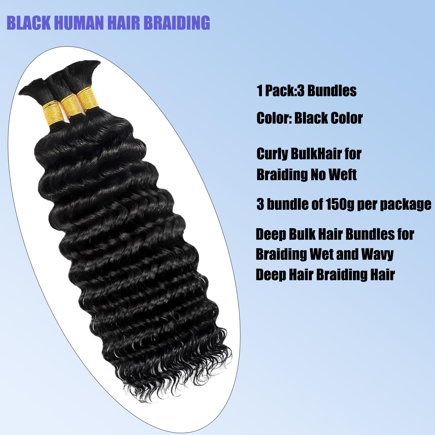 #1B Natural Black Human Braiding Hair 22 Inch 150g 3 Bundles/Pack Bulk Deep Wave No Weft Human Hair for Boho Box Braids Extensions