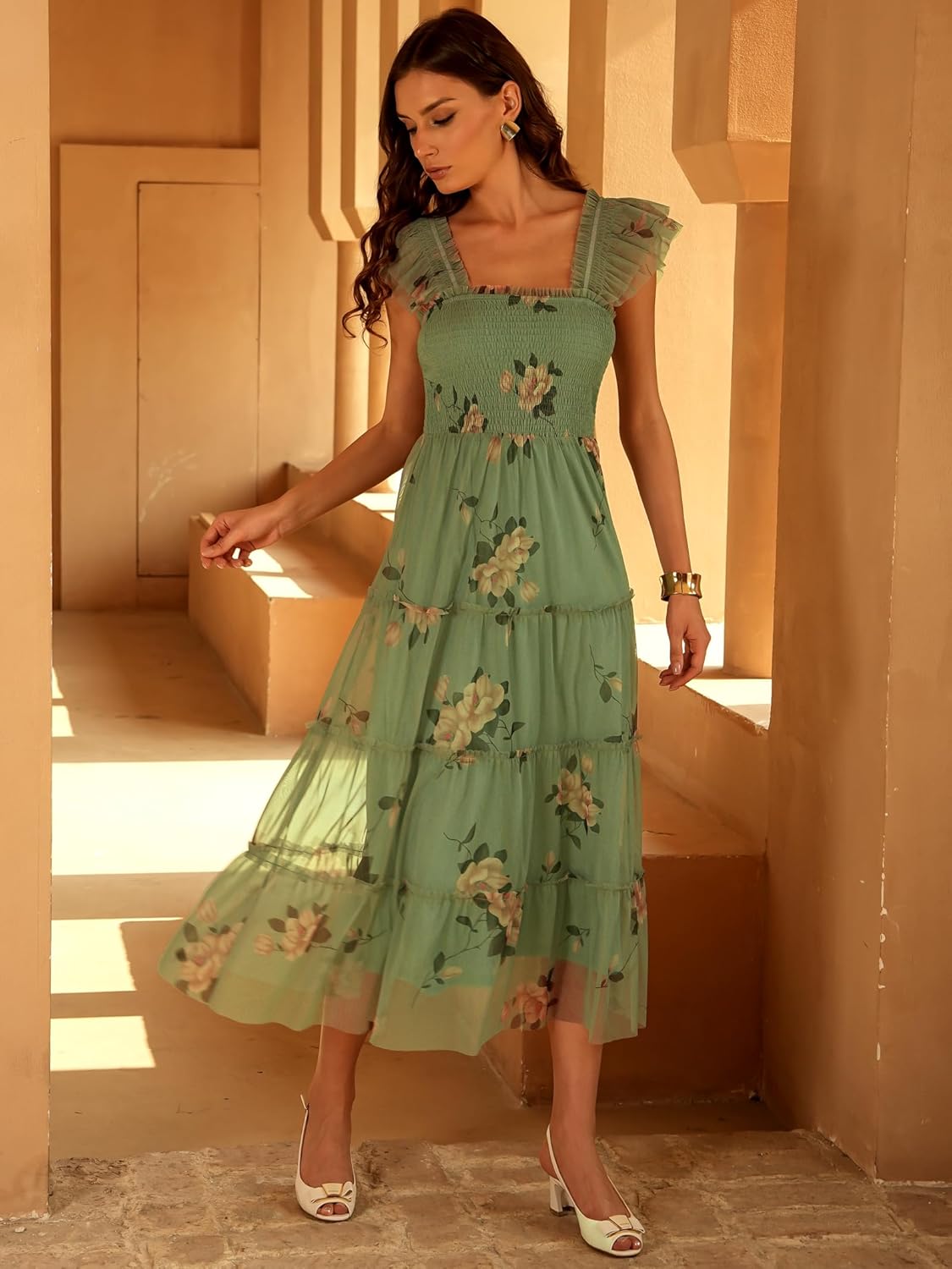 ANRABESS Women Summer Floral Midi Dress Sleeveless Boho Flowy Smocked RuffleTulle Beach Vacation Wedding Guest Party Dresses