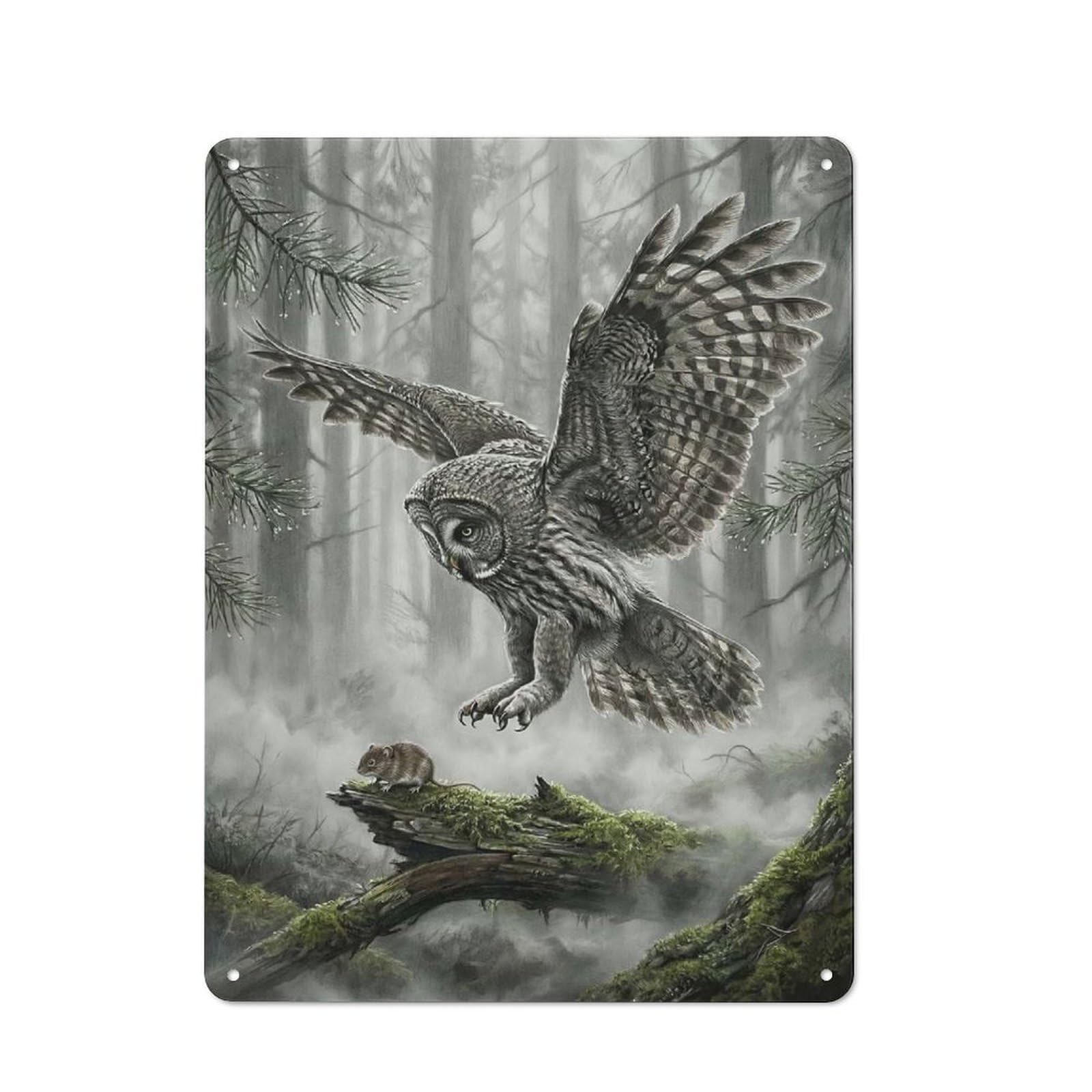 Junmoney Style-1 Workshop Style Garage Metal Sign 40X30cm Featuring Owl Hunting Mouse In Misty Forest, Industrial Wall Art For Garage, Hobby Room, Office Or Man Cave