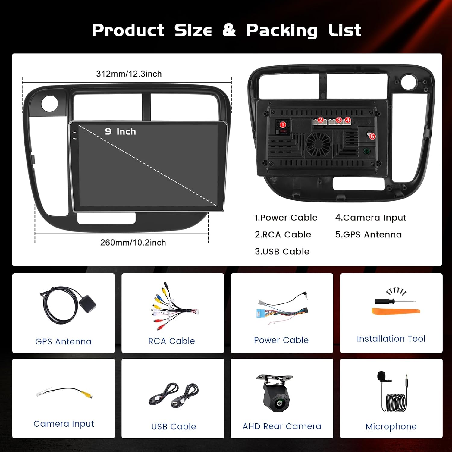 4+64GB Android 15 for Honda Civic 1996-2001 Car Radio Wireless Carplay Android Auto, 9" 1280 * 720P in-Cell Touch Screen WiFi Bluetooth5.0 GPS FM/RDS EQ SWC + Backup Camera MIC