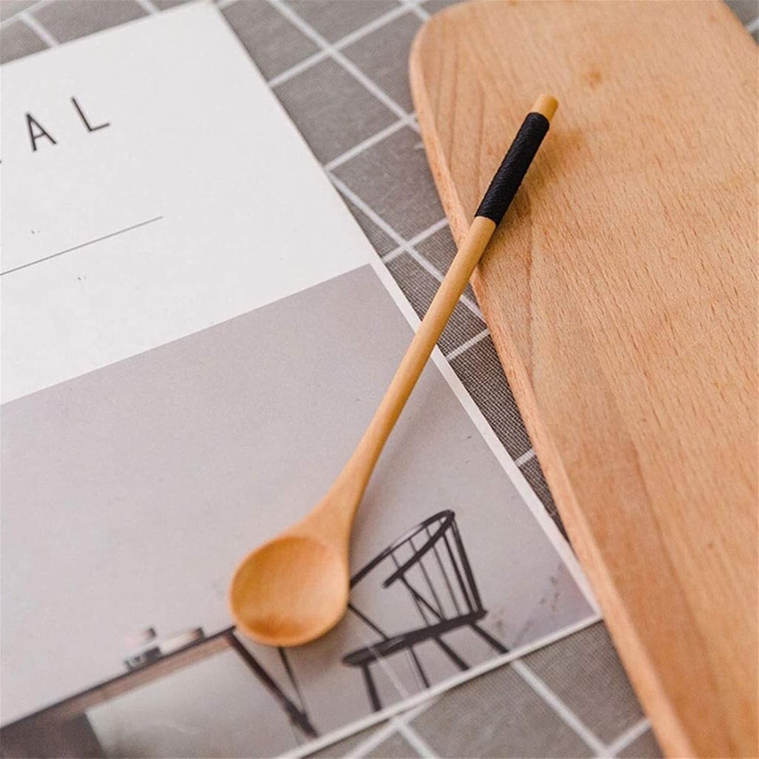 Spoon Wooden Long-Handled Spoon, 6-piece Set of Japanese Retro Mixing, for Household Tea Coffee Flatware(A)
