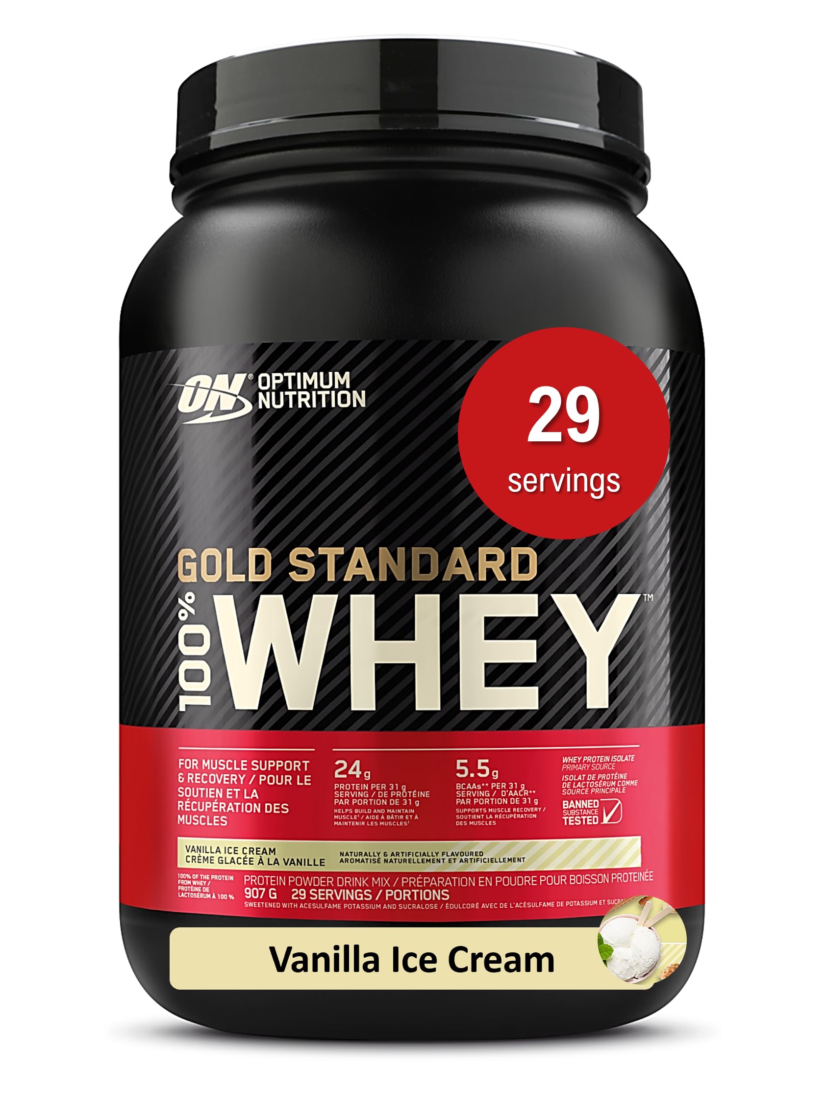 Optimum Nutrition Gold Standard 100% Whey Protein Powder, Vanilla Ice Cream, 2 Pound (Packaging May Vary)