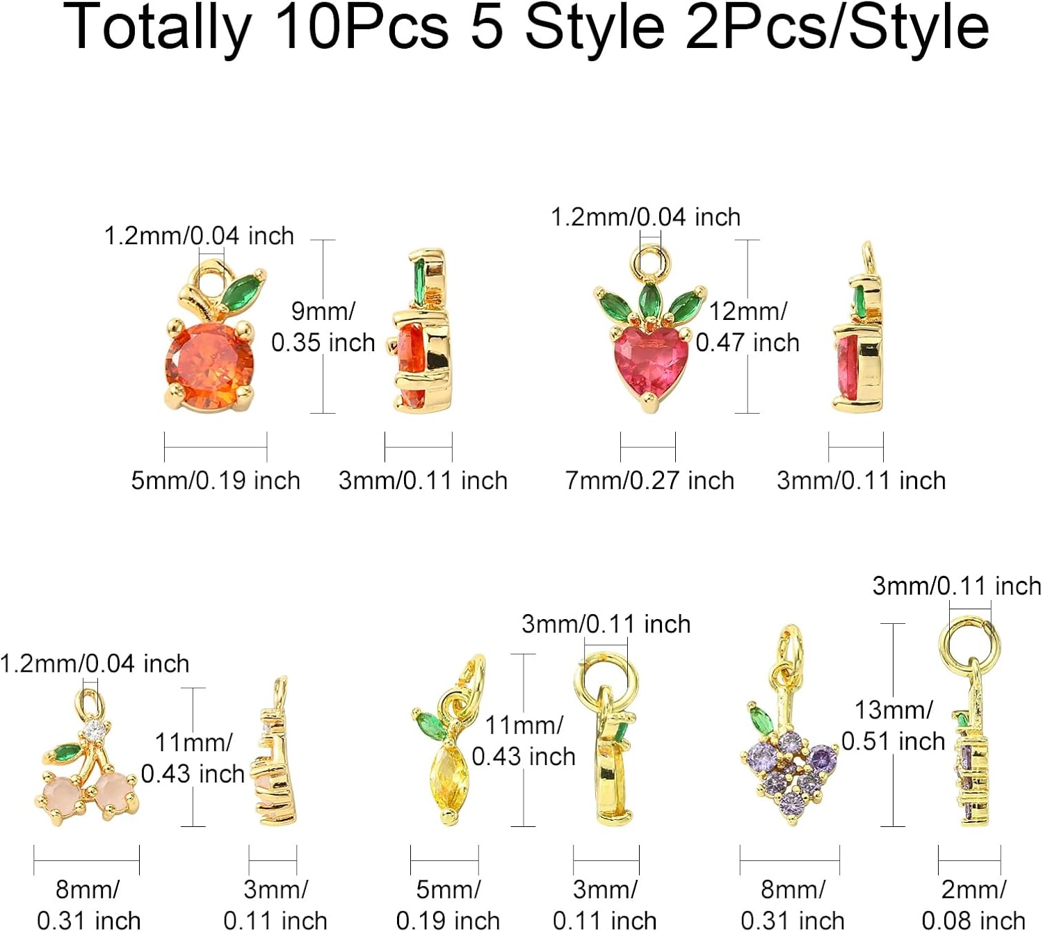 KitBeads 10pcs Cubic Zirconia Fruit Charms Brass 18k Gold Plated Strawberry Lemon Grape Cherry Charm for Jewelry Making Bracelets Necklace Bulk - Image 2