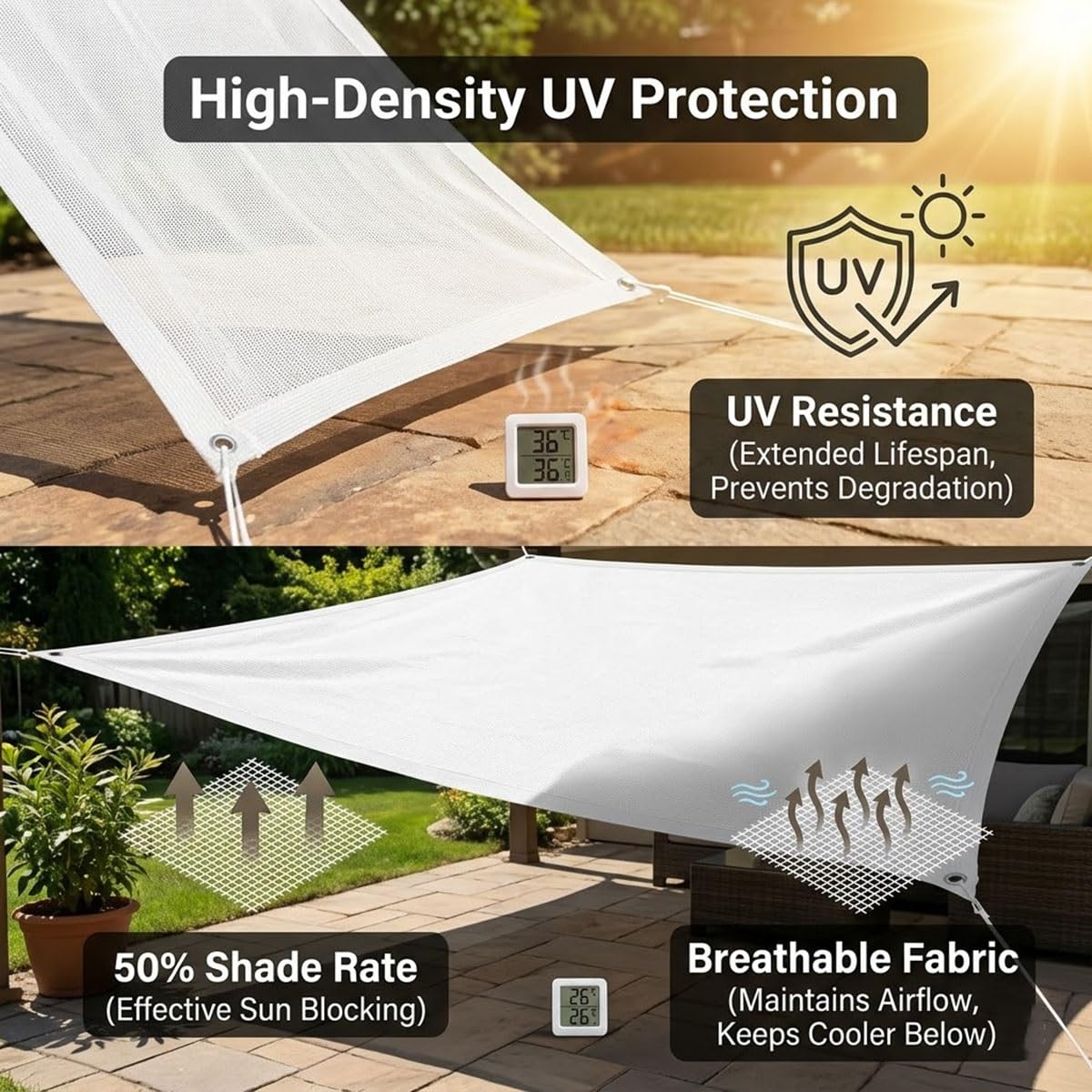 50% blokada UV HDPE, wytrzymała osłona odporna na warunki atmosferyczne, antykorozyjne przelotki, oddychająca chłodząca siatka przeciwsłoneczna do szklarni, patio, pergoli, 5 x 5 m