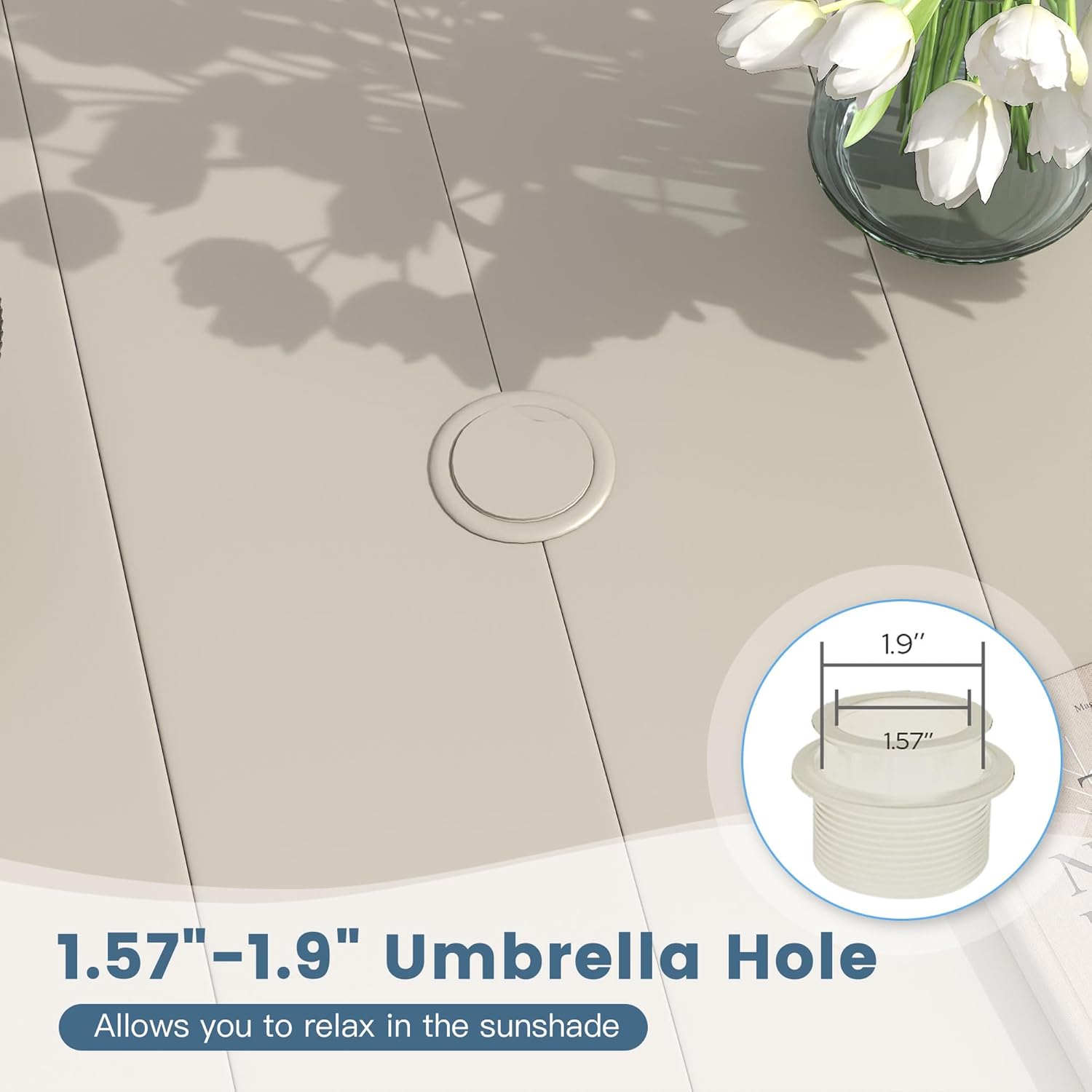 DIFY 63" Outdoor Patio Dining Table for 6, Metal Rectangular Steel Slat Patio Table with 1.57" Adjustable Umbrella Hole, Weather-Resistant for Garden Backyard Poolside Deck, Sandshell