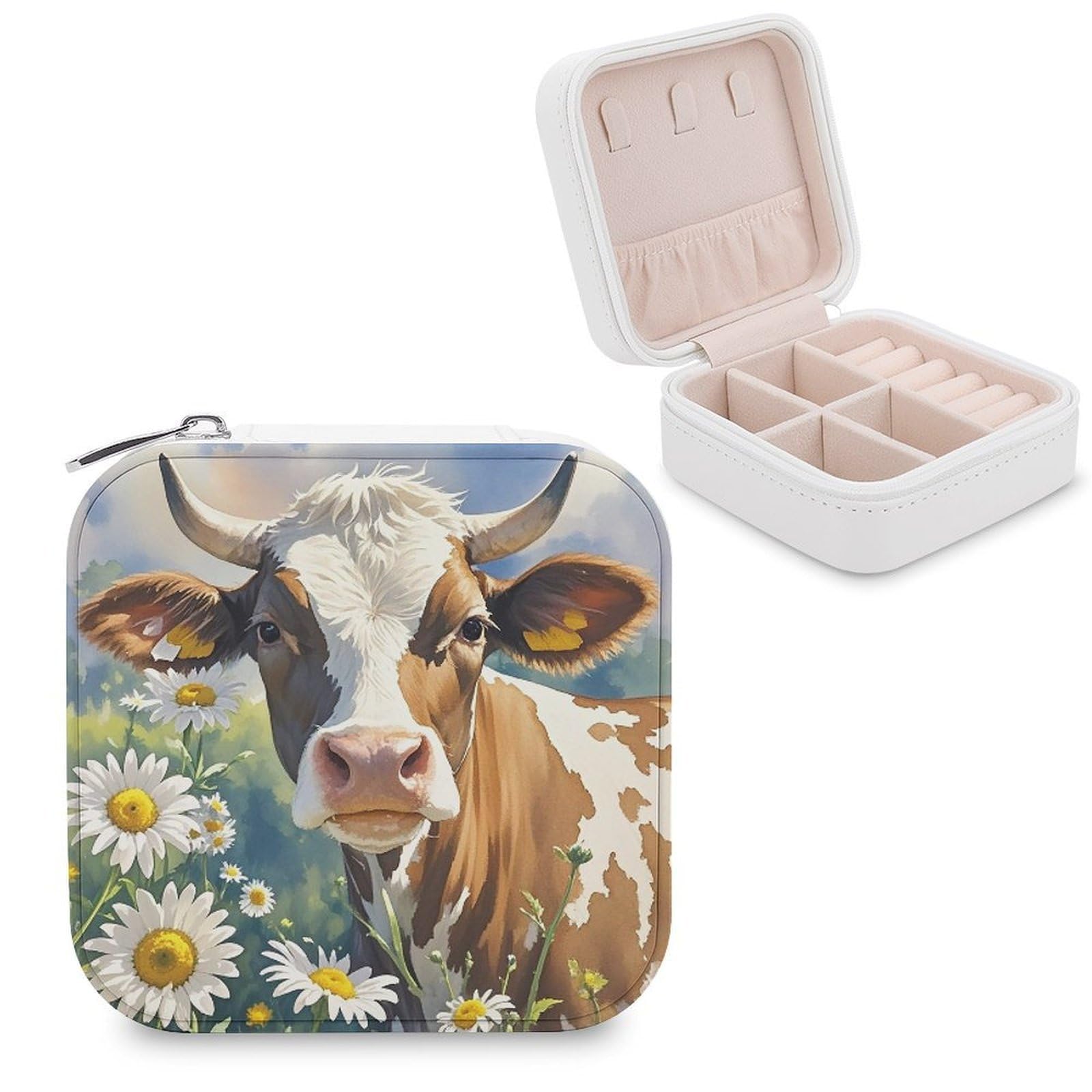 LZQPOEAS Watercolor Cow And Daisy Flower Jewelry Box Mini Jewelry Travel Case Trendy Stuff Ring Box Custom PU Leather Jewelry Boxes Portable Jewelry Case Earring Storage Organizer for Girls Women
