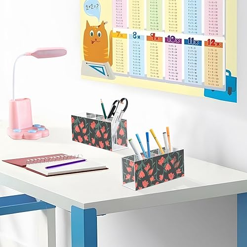 Miniatura 6 de Red Flower Acrylic Pen Holder 4 Compartments 7.87x2.48x3.5 Inch Clear Pencil Holder for Desk Makeup Brush Organizer Office Home Supplies