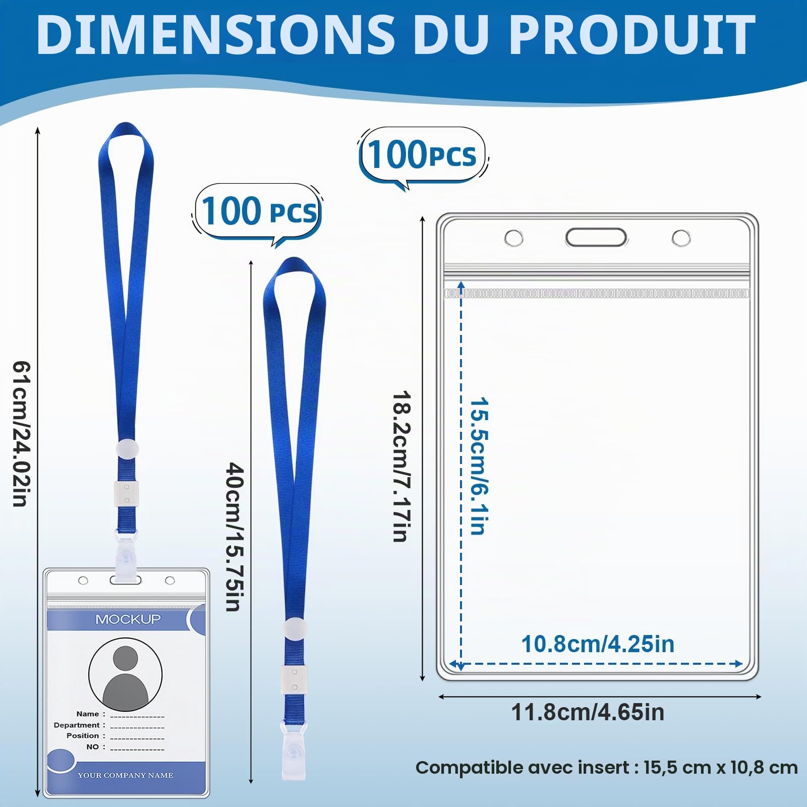 100 Pièces Porte Badge A6, 11 x 16 cm, avec Cordon et Boucle Réglable, Porte Badge Verticaux, Étanche à L'eau, PVC Transparent Porte-Carte D'Identité, Pour Employés, Étudiants, Expositions