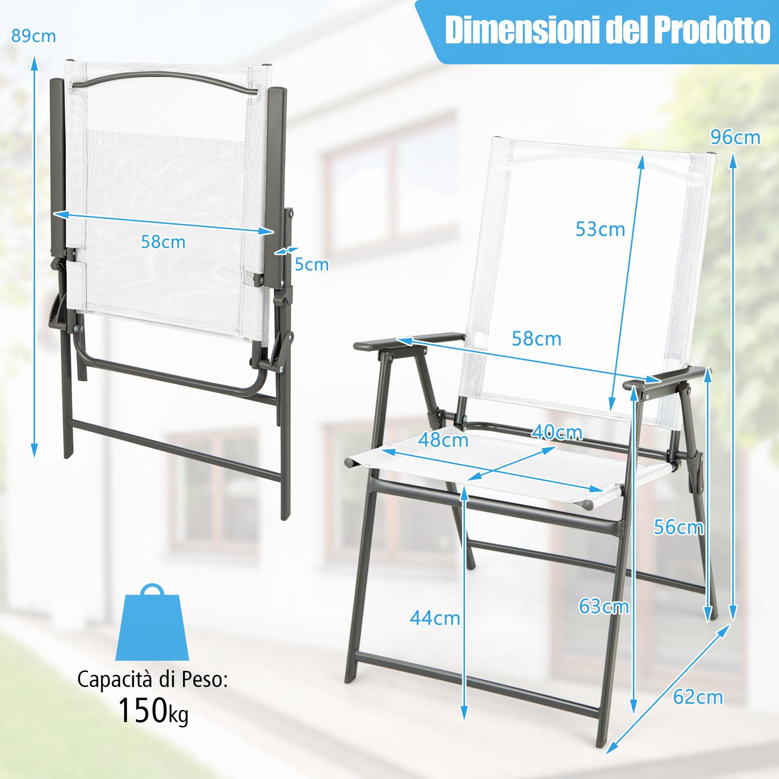 COSTWAY Set di 2/4 Sedie Pieghevoli da Giardino in Textilene, Sedie da Esterno con Schienale Alto, Poltrona Portatile per Giardino Campeggio Patio, Portata 150 kg (4, Bianco, 62 x 58 x 96 cm)