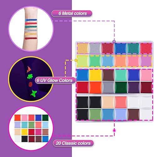 Miniatura 3 de Kit de pintura facial para fiesta de niños, 32 colores profesional de aceite facial y cuerpo con 10 pinceles, 4 plantillas faciales reutilizables, 2
