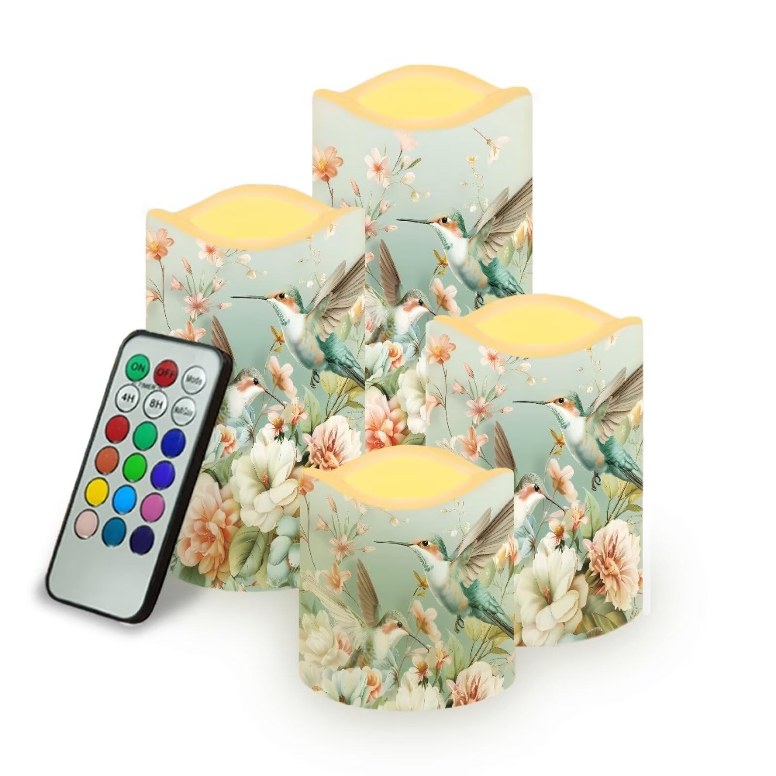 Green Hummingbird Plastic Flameless Candles with Remote Control and Timer LED Flickering Battery Operated Color Changing Electric Pillar Candles for Table Weddings Gifts Home Decoration