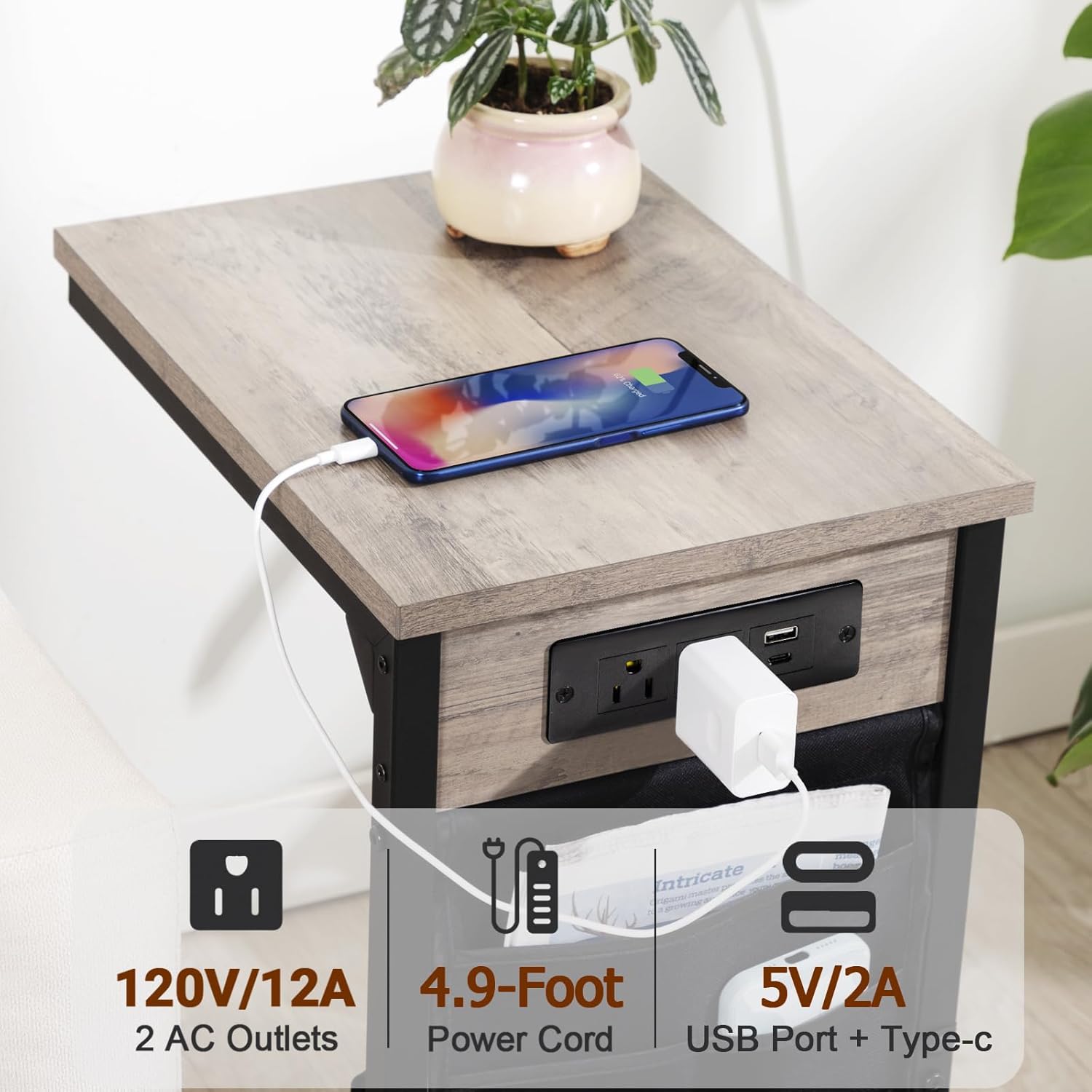 AMHANCIBLE C Shaped End Table with Charging Station, TV Tray Set of 2, Couch Tables with Storage Bag, Slide Under Sofa Side Table with USB Ports and Outlets for Living Room, Grey HET04CGY