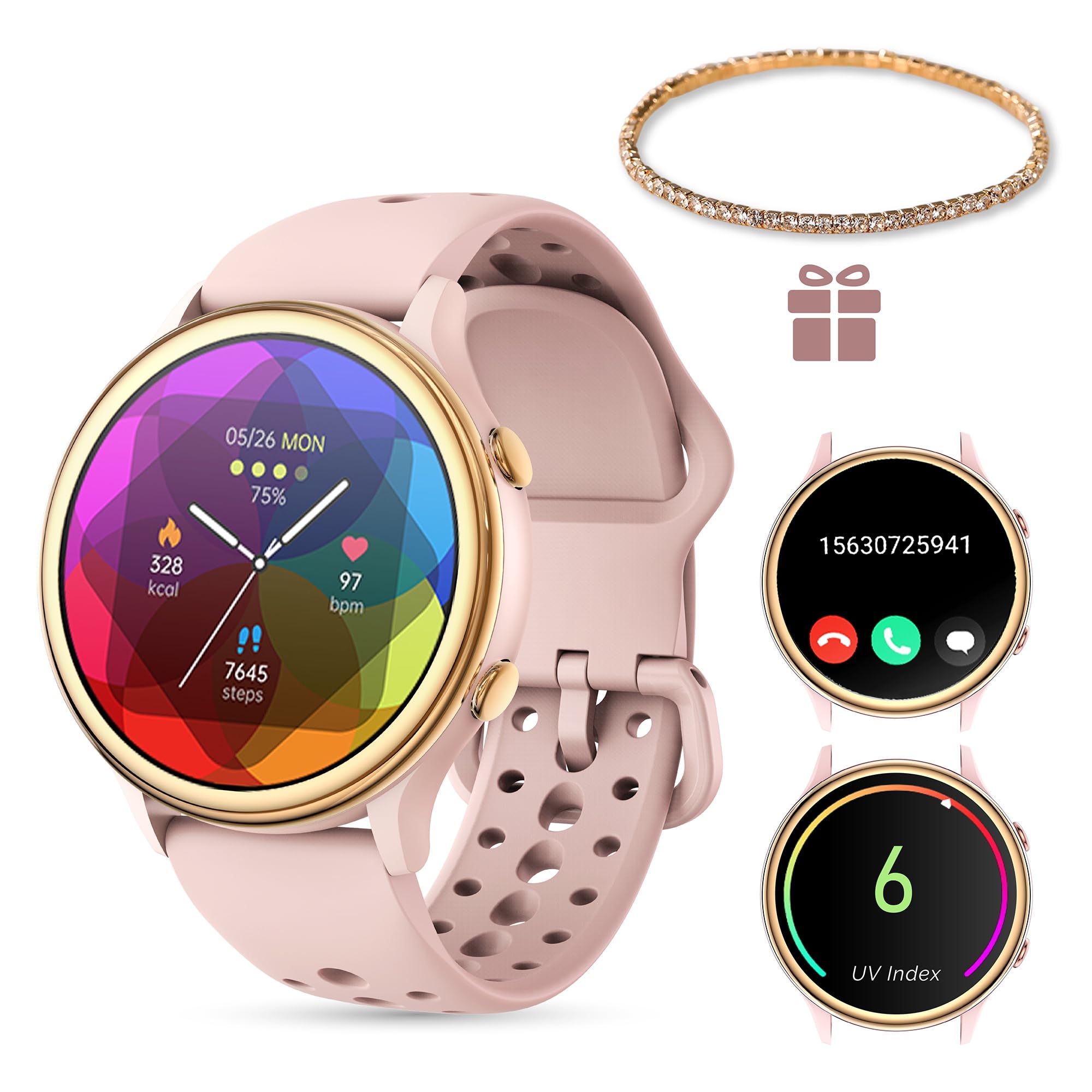 Montre Connectée Femme avec Bracelet Cadeau Appel Bluetooth 1,37" HD Smartwatch Fonction Féminine Fréquence Cardiaque Sommeil SpO2 70+ Sports UV Calories iOS Android